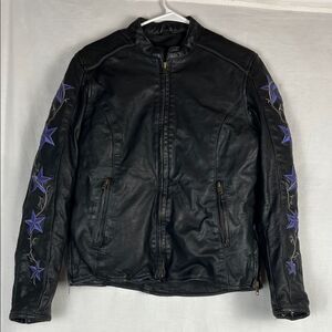 UNIK Premium Black Leather Motorcycle Jacket with Purple Embroidered Stars